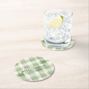 Western Grüne Creme Kariert Streifen Weihnachten Runder Pappuntersetzer