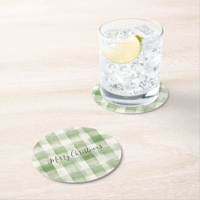 Western Grüne Creme Kariert Streifen Weihnachten Runder Pappuntersetzer (Vor Ort)