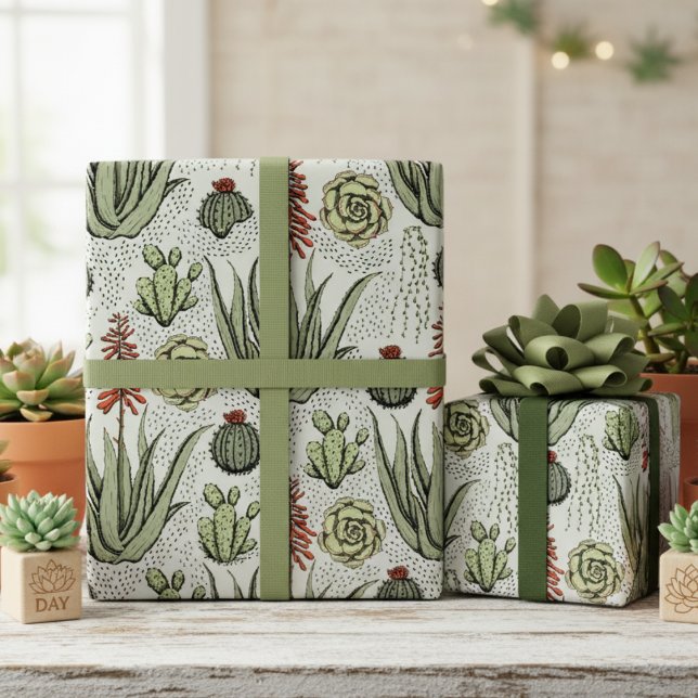 Western Grüne Wüste Kakteen und Sukkulturen Geschenkpapier (Elegant Sage Green Succulent & Greenery Birthday Wrapping Paper 4 Plant Lover. Desert Cacti Pattern)