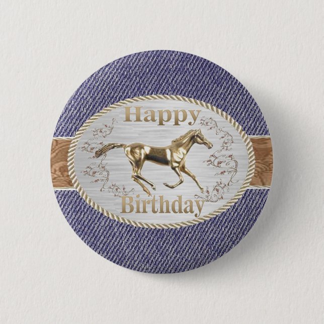 Western Gürtel und Schnalle auf Denim Happy Birthd Button (Vorderseite)
