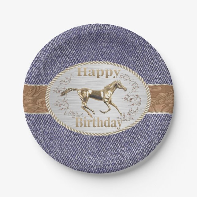 Western Gürtel und Schnalle auf Denim Happy Birthd Pappteller (Vorderseite)
