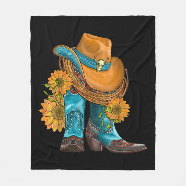 Western Hat And Cowboy Boots With Sunflowers Fleecedecke (Vorderseite)