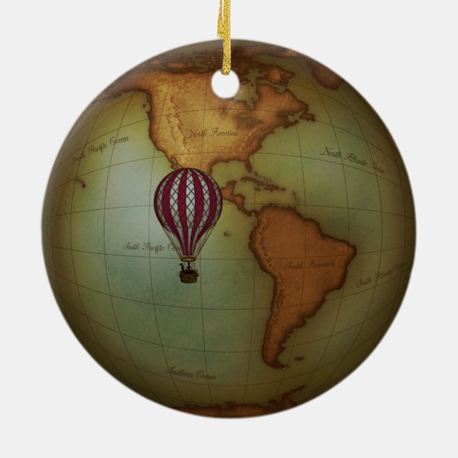 Western Hemisphäre Steampunk Karte & Heißluftballo Keramik Ornament (Hinten)