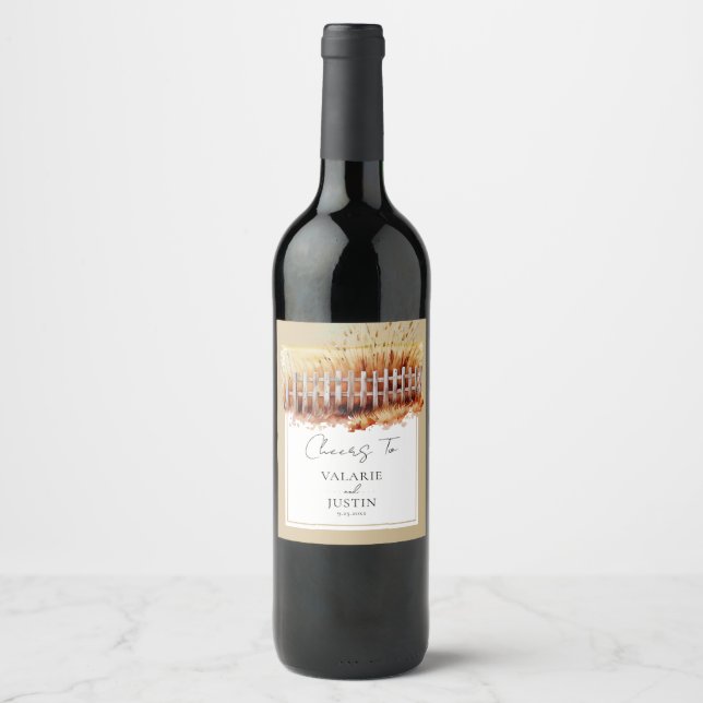 Western-Hochzeit von Watercolor Wheat Fence Weinetikett (Vorderseite)