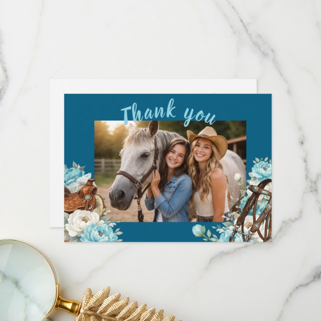 Western Horse Birthday Thank You Card – Navy Dankeskarte (Vorderseite/Rückseite Beispiel)