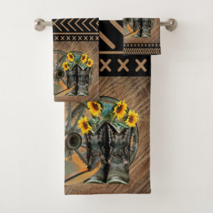 Western Horse Cowboy Boots Cowboy Hat Wagon Wheel Badhandtuch Set