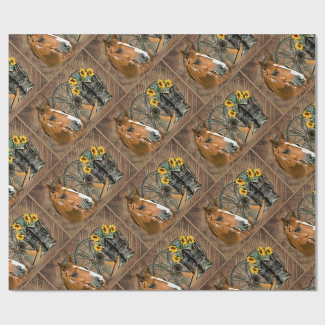 Western Horse Cowboy Boots Cowboy Hat Wagon Wheel Geschenkpapier (Flach)