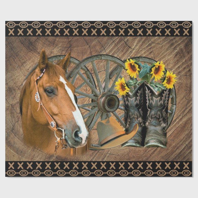Western Horse Cowboy Boots Cowboy Hat Wagon Wheel Geschenkpapier (Flach)
