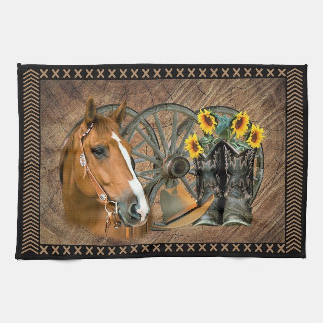 Western Horse Cowboy Boots Cowboy Hat Wagon Wheel Geschirrtuch (Horizontal)