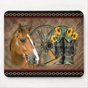 Western Horse Cowboy Boots Cowboy Hat Wagon Wheel Mousepad