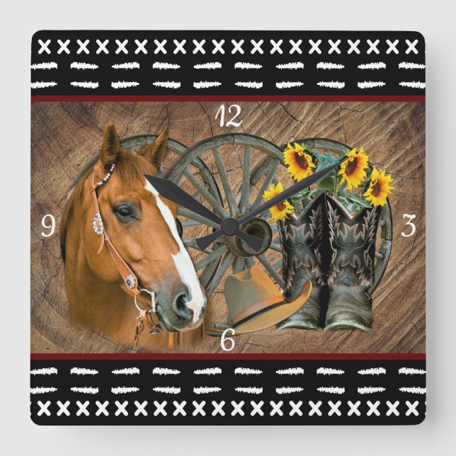 Western Horse Cowboy Boots Cowboy Hat Wagon Wheel Quadratische Wanduhr (Vorderseite)