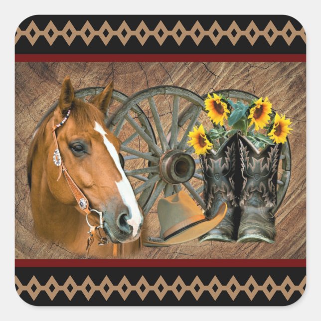 Western Horse Cowboy Boots Cowboy Hat Wagon Wheel Quadratischer Aufkleber (Vorderseite)