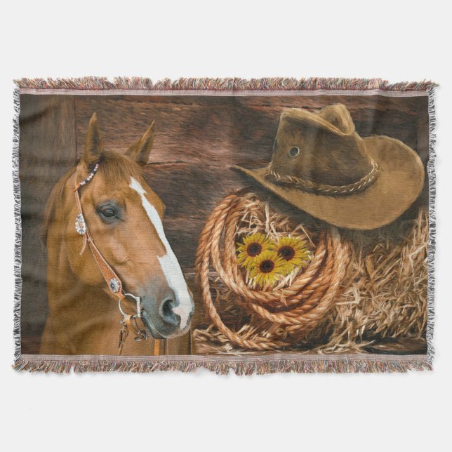 Western Horse Cowboy Hat Lasso Sonnenblumen Decke (Vorderseite)