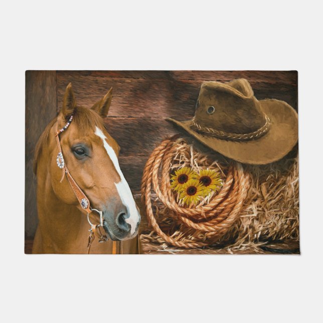 Western Horse Cowboy Hat Lasso Sonnenblumen Fußmatte (Vorderseite)