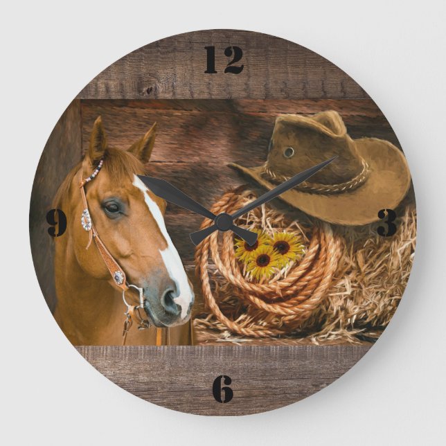 Western Horse Cowboy Hat Lasso Sonnenblumen  Große Wanduhr (Vorderseite)