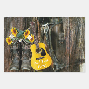 Western Horse Cowboy Stiefel Gitarre Sonnenblumen Geschenkpapier Set