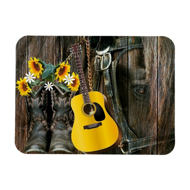 Western Horse Cowboy Stiefel Gitarre Sonnenblumen Magnet (Horizontal)