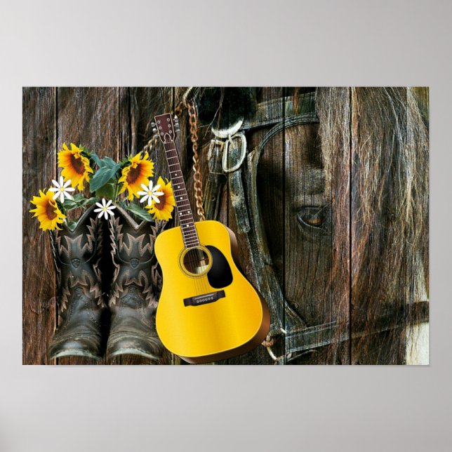 Western Horse Cowboy Stiefel Gitarre Sonnenblumen Poster (Vorne)