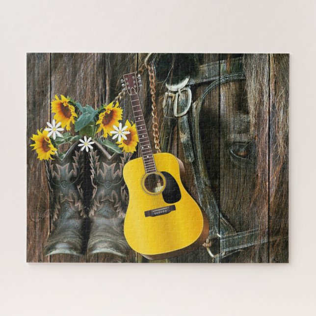 Western Horse Cowboy Stiefel Gitarre Sonnenblumen Puzzle (Horizontal)