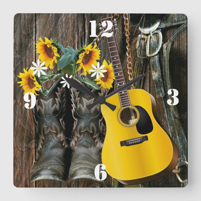 Western Horse Cowboy Stiefel Gitarre Sonnenblumen Quadratische Wanduhr (Vorderseite)