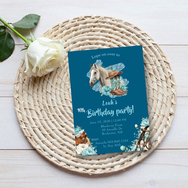 Western Horse Floral Birthday Invitation – Navy Einladung (Von Creator hochgeladen)