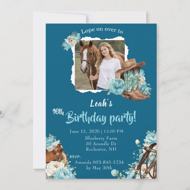 Western Horse Floral Birthday Invitation – Navy Einladung (Vorderseite)