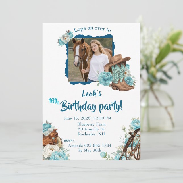 Western Horse Floral Birthday Invitation – White Einladung (Stehend Vorderseite)