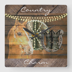 Western Horse Hufeisen Wagon Wheel Cowboy Boots Quadratische Wanduhr