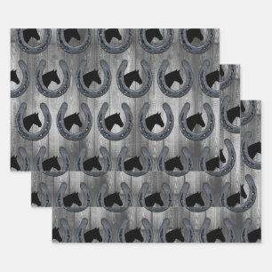 Western Horse Ranch Horseshoe & Grey Wood Planks Geschenkpapier Set