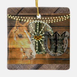 Western Horse Wagon Wheel Cowboy Boots Keramikornament
