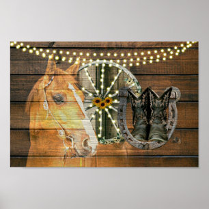 Western Horse Wagon Wheel Cowboy Boots Poster