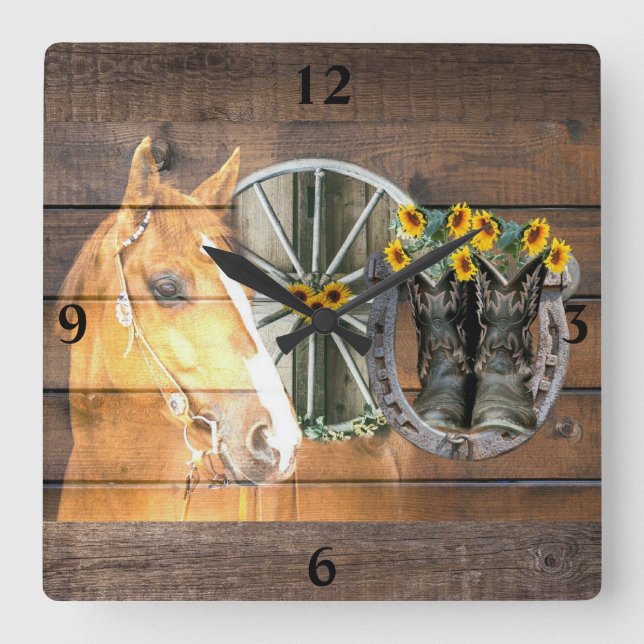 Western Horse Wagon Wheel Horseshoe Cowboy Boots Quadratische Wanduhr (Vorderseite)