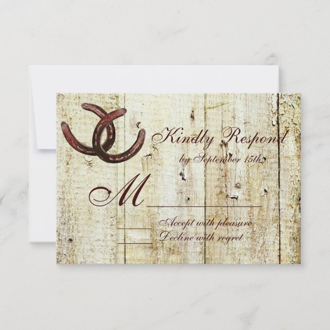 Western Horseshoes Barn Wood Wedding RSVP Karten (Vorderseite)