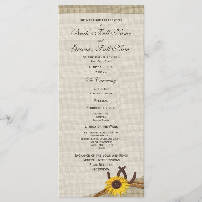 Western-Hufeisen und Sonnenblumen-Hochzeitsprogram Programm (Vorderseite)