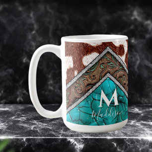 Western Imitate Leather Türkise Mix Monogram Kaffeetasse