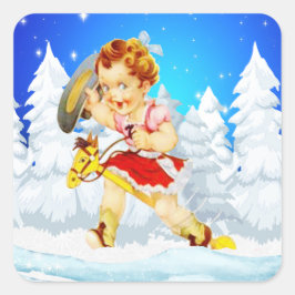 Western Kleines Cowgirl auf Stick Pferd Winter Sze Quadratischer Aufkleber