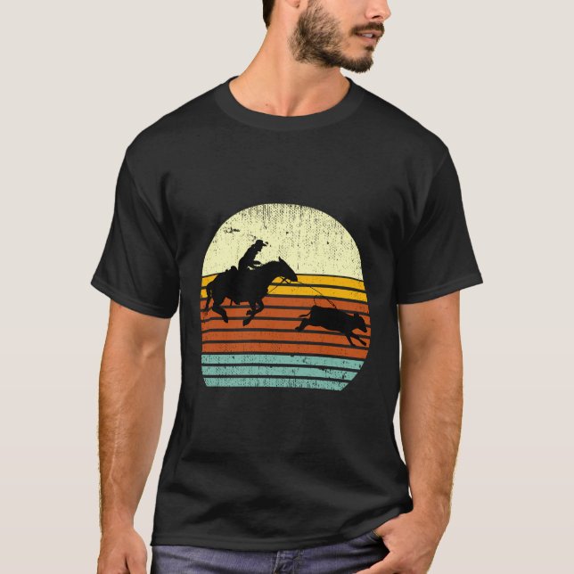 Western Kuh Pferd Kalb Roping Retro Sun Stil T-Shirt (Vorderseite)