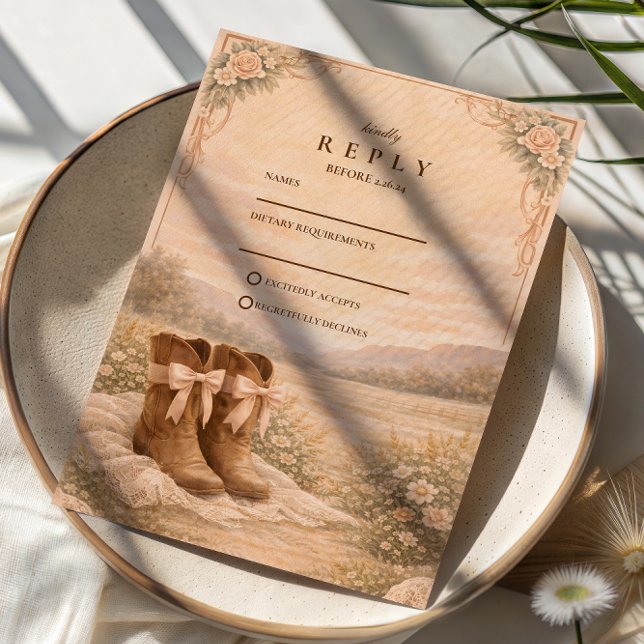 Western Lace Cowboy Boots Wedding RSVP Karte (Von Creator hochgeladen)