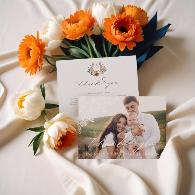 Western Lace Floral Horseshoe Baby Foto Dankeskarte (Western Lace Floral Horseshoe Baby Photo Thank You Card)