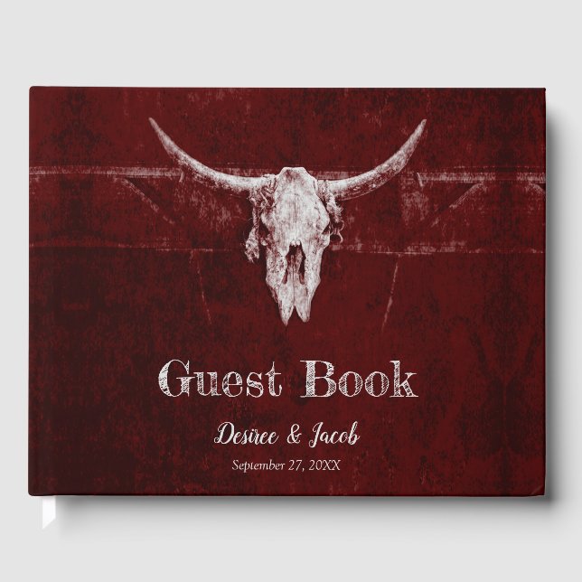 Western Land Burgund Rustikale Bull Skull Textur Gästebuch (Vorderseite)