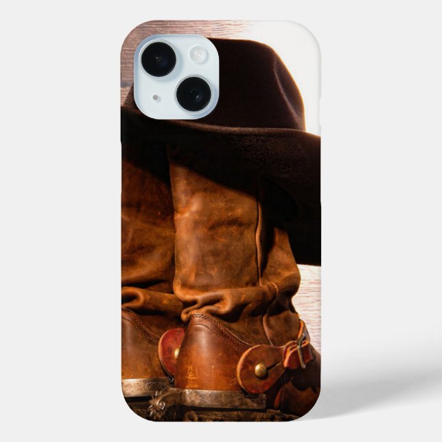 Western Land, in dem Cowboystiefel aus Holz stehen Case-Mate iPhone Hülle (Rückseite)