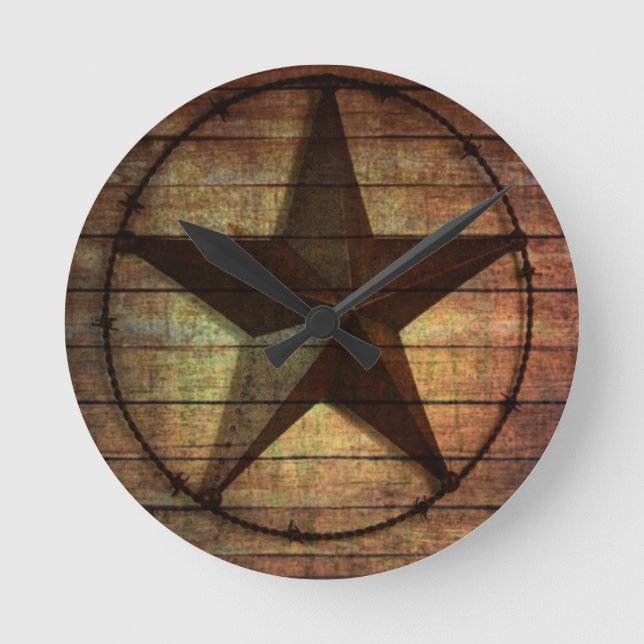 Western Land Primitive Stallholz Texas Star Runde Wanduhr (Vorderseite)