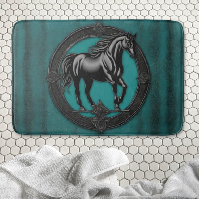 Western Land Reitpferd Aquamarin Badematte (Western Country Equestrian Teal Black Horse Bath Mat)