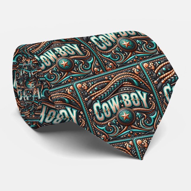 Western Leder Braune und Türkis Print Cowboy Krawatte (Gerollt)