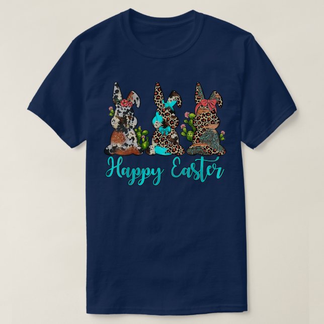 Western Leopard Cowhide Türkise Bunnies Happy Ea T-Shirt (Design vorne)