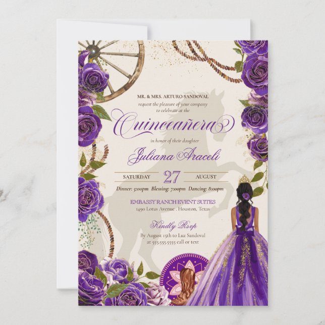 Western lila Rose Ranch Charro Quinceanera Einladung (Vorderseite)