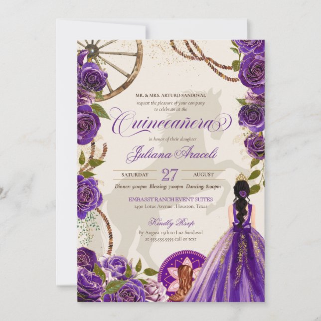 Western lila Rose Ranch Charro Quinceanera Einladung (Vorderseite)
