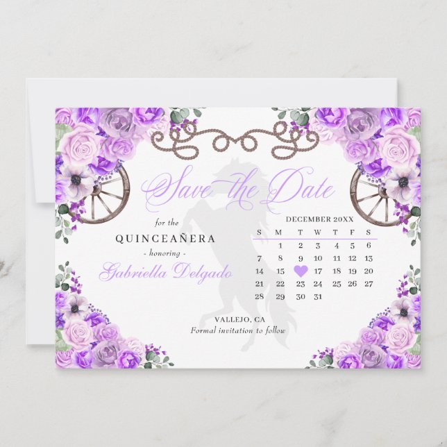 Western Lilac Charro Quinceañera Save the Date Einladung (Vorderseite)