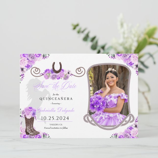 Western Lilac Quinceañera Save the Date Foto Einladung (Stehend Vorderseite)