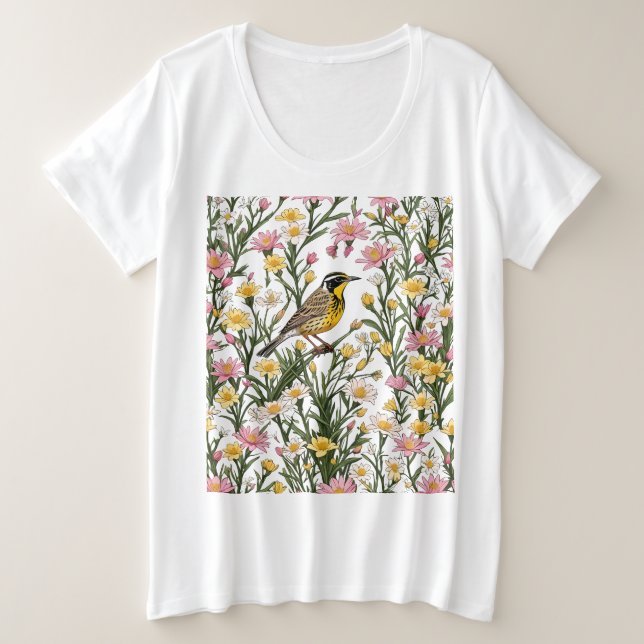 Western Meadowlark, umgeben von Bitterroot-Blume Große Größe T-Shirt (Design vorne)